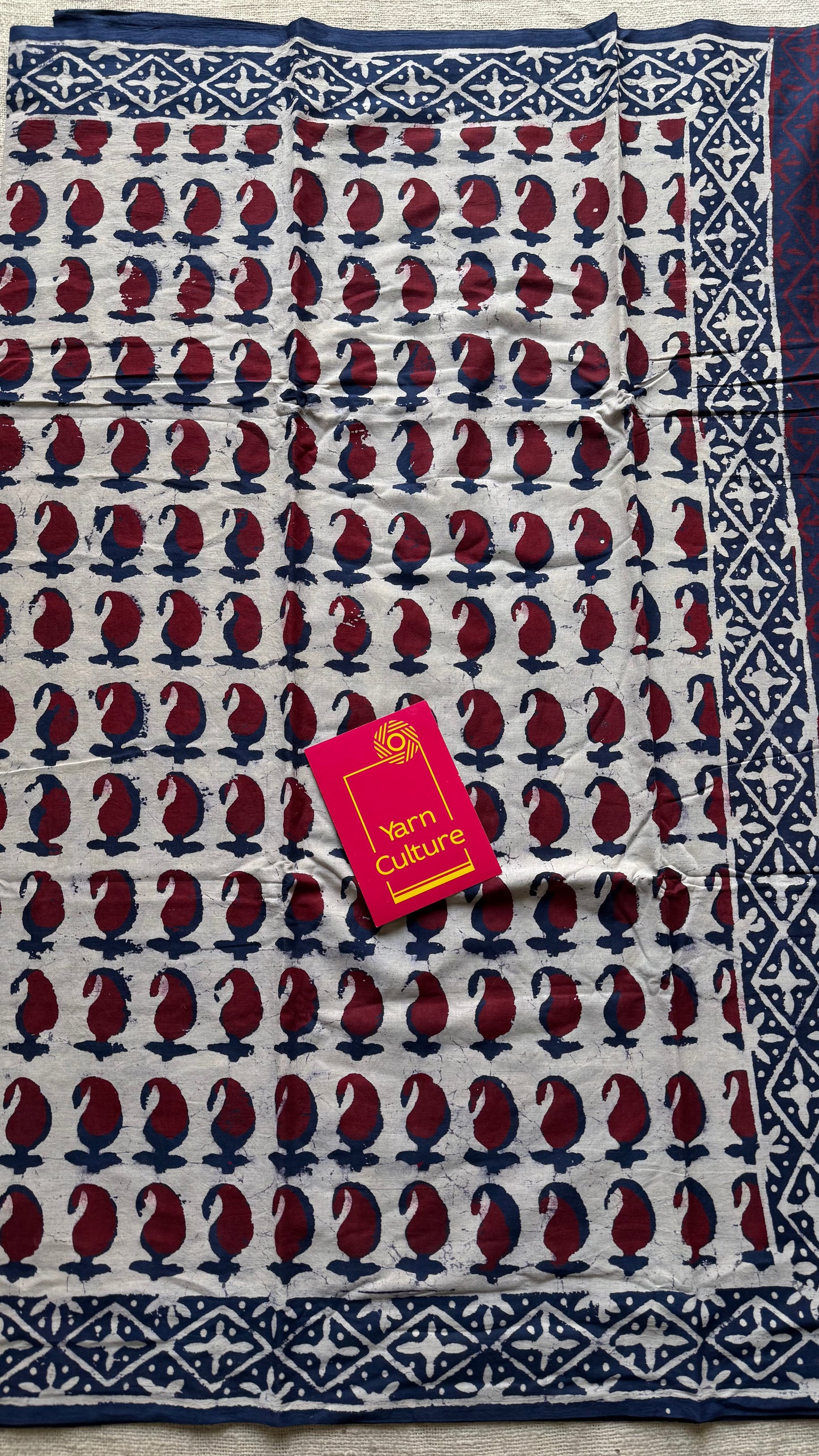 Beige with Indigo and maroon paisley motifs, block printed soft cotton saree - YCTORCMA23