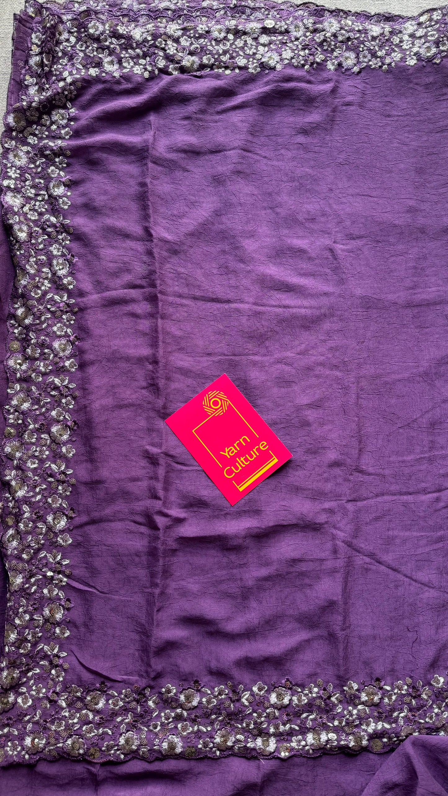 Purple Garden - dark purple with floral sequins embroidered borders, semi-crepe- YCDOSNO47