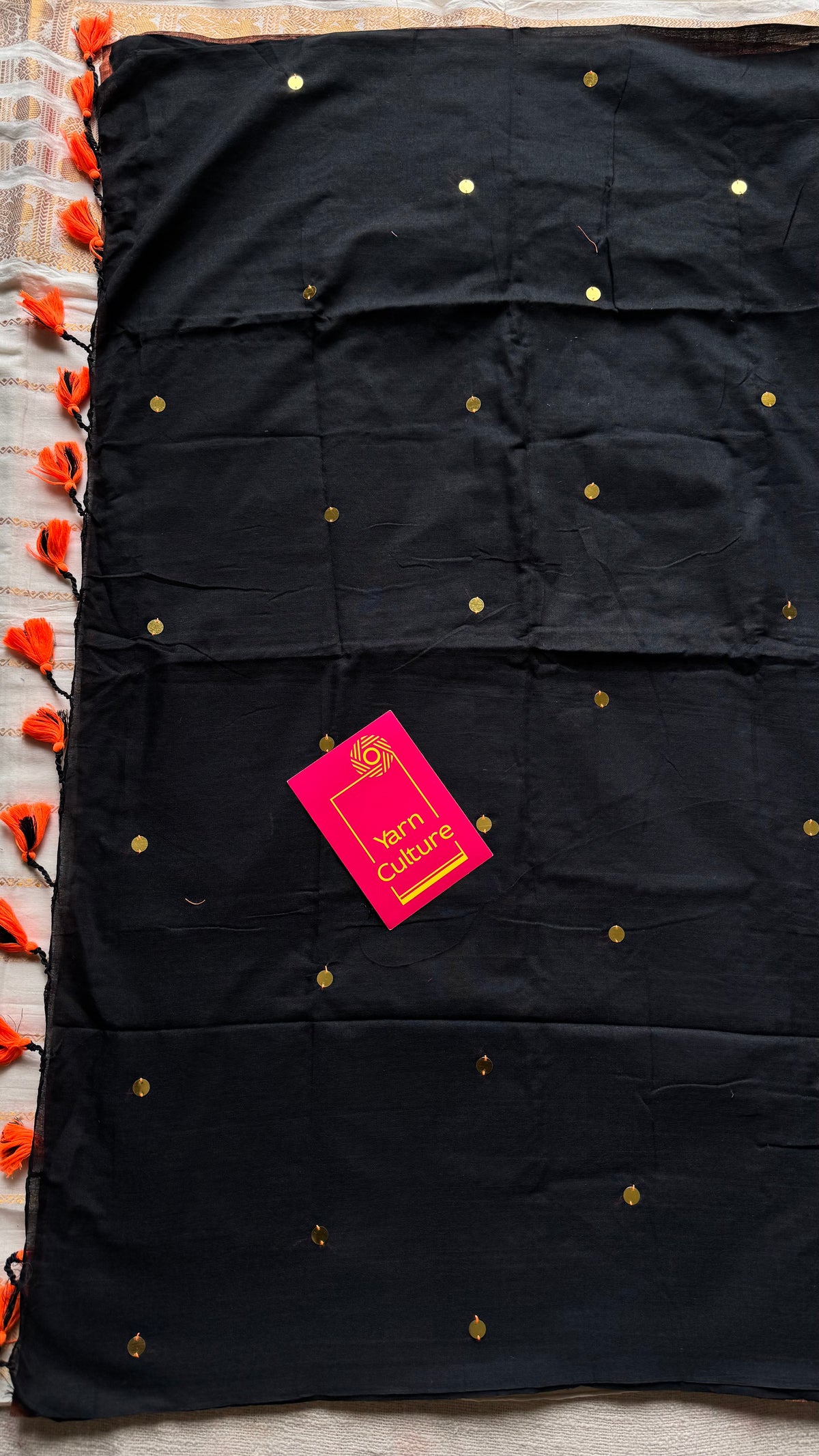 Orange with black contrast pallu, gini sequins, soft cotton saree - YCBCSCOC04