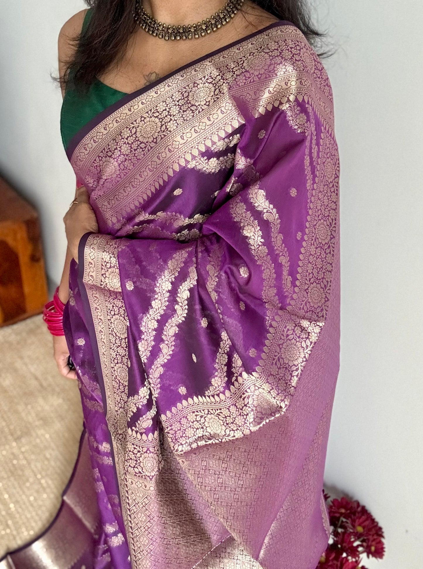 Purple floral zari, Banarasi semi-georgette - YCDESE15