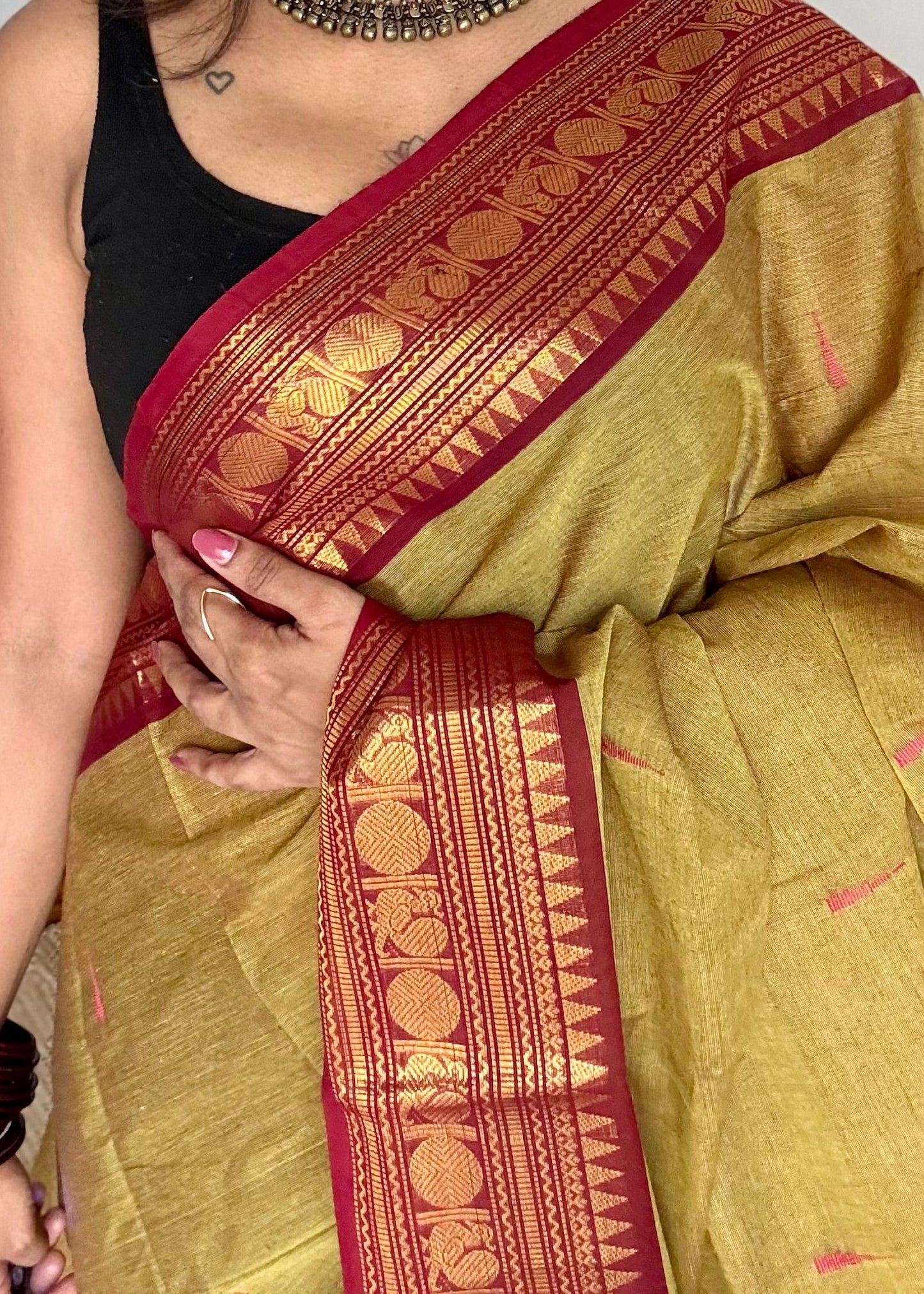 Kanchi cotton saree, parrot green with dark red zari border - YCCOTNAP83