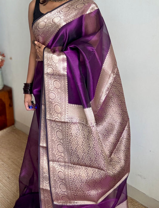 Purple tissue Banarasi saree with zari border - YCBLTOC89