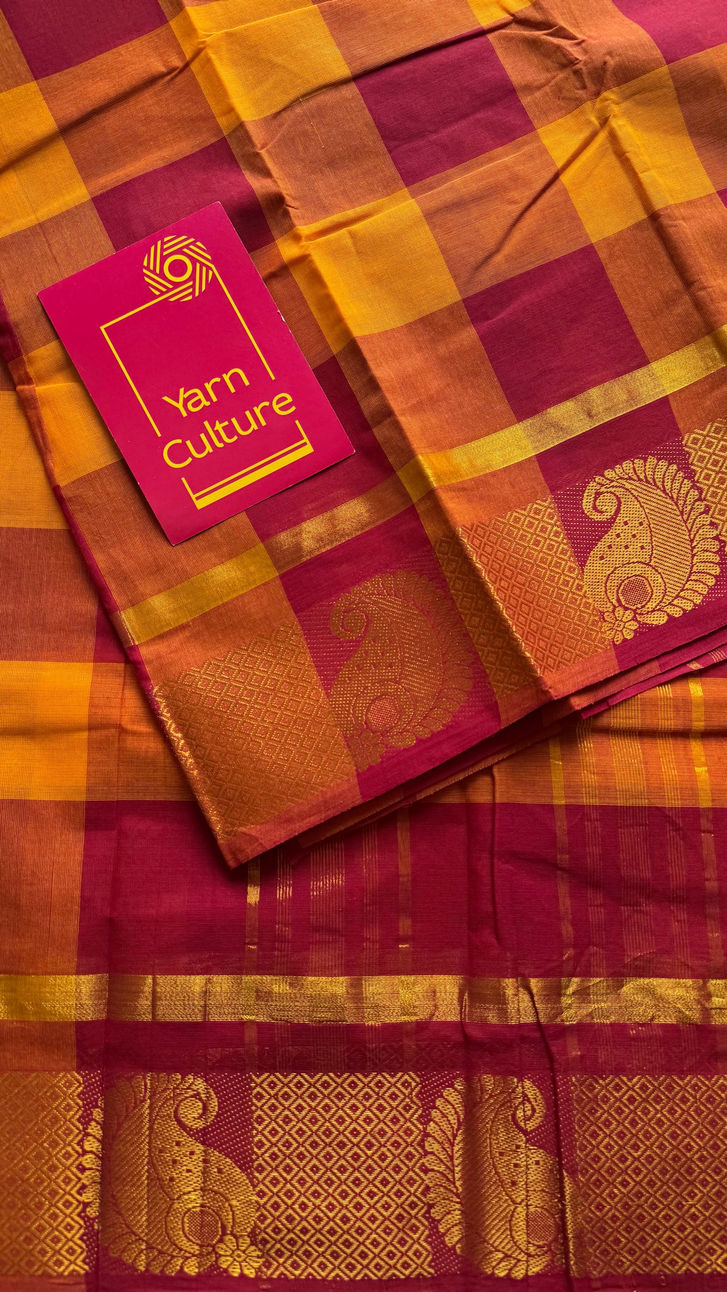 Chettinad cotton saree with yellow and red checks, paisley motif border - YCCOTNAP64