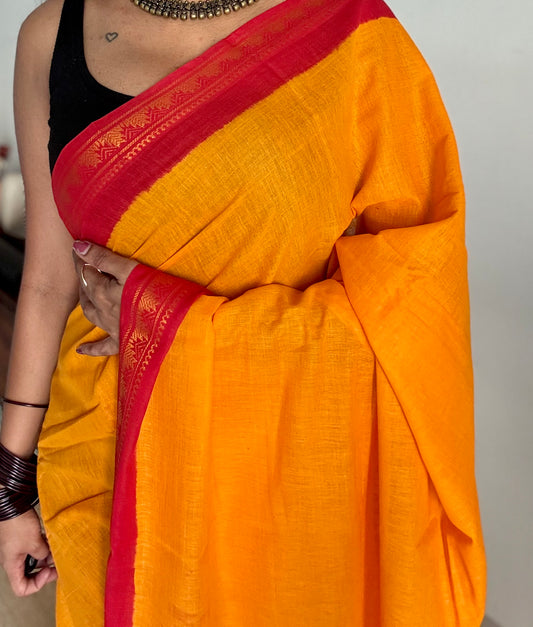 Yellow with red contrast, kattuchayam dyed madurai cotton saree - YCCOTNMA241