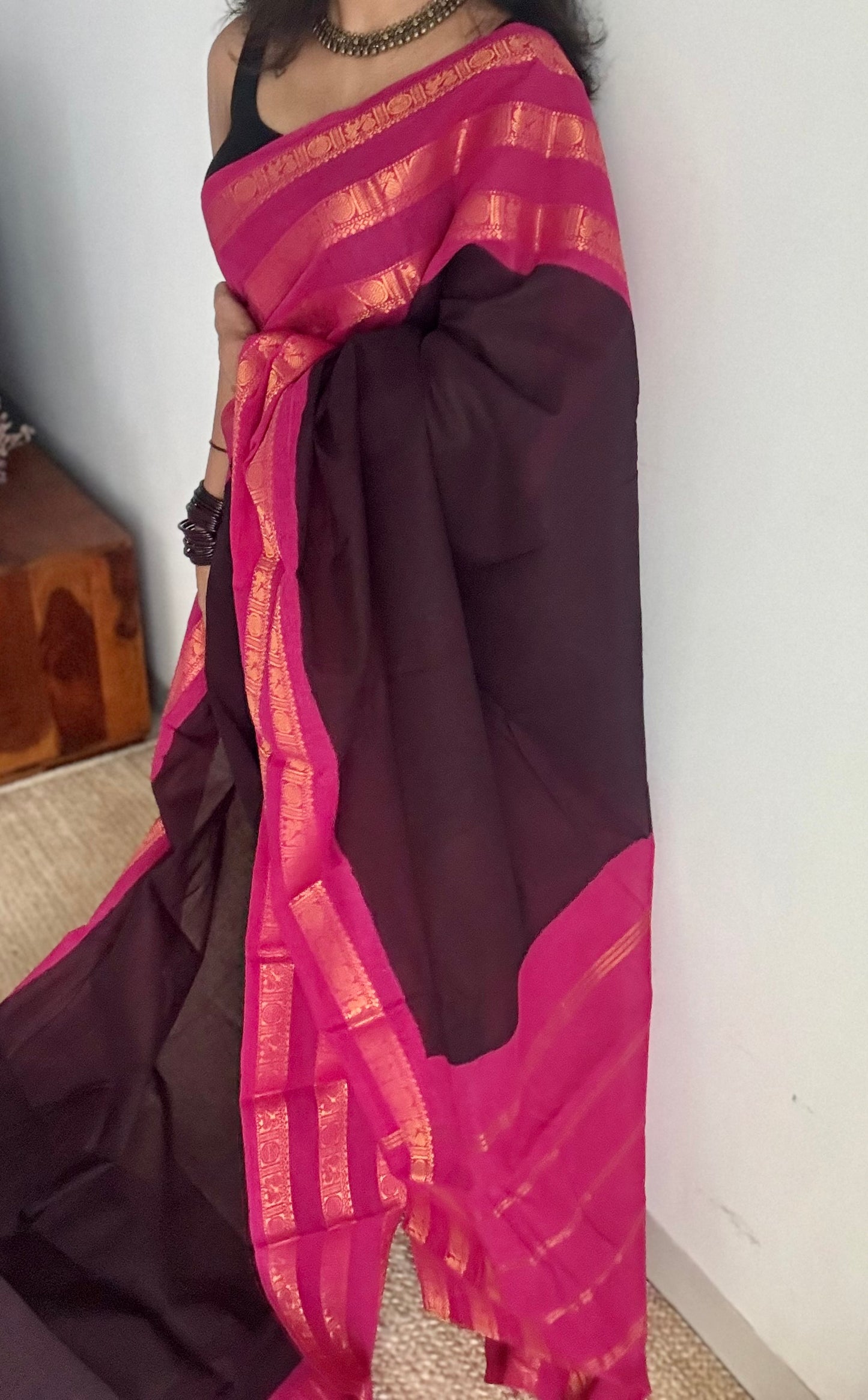 Wine with hot pink border, peacock and rudraksham motif, madurai soft cotton - YCCOTNJUSC03