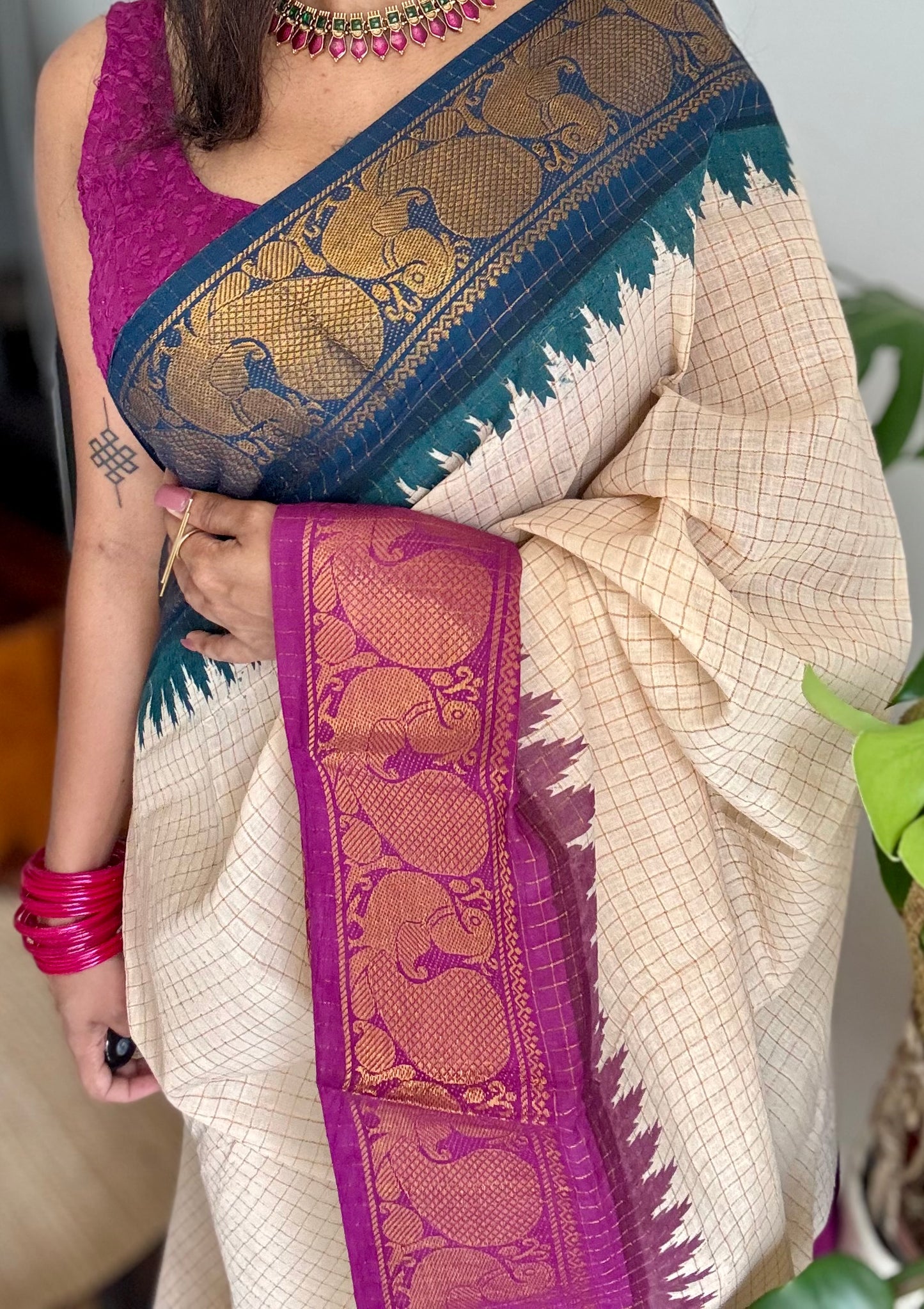 Sungudi cotton checks, ivory gold base, teal and magenta dual tone border, soft cotton - YCIEON100