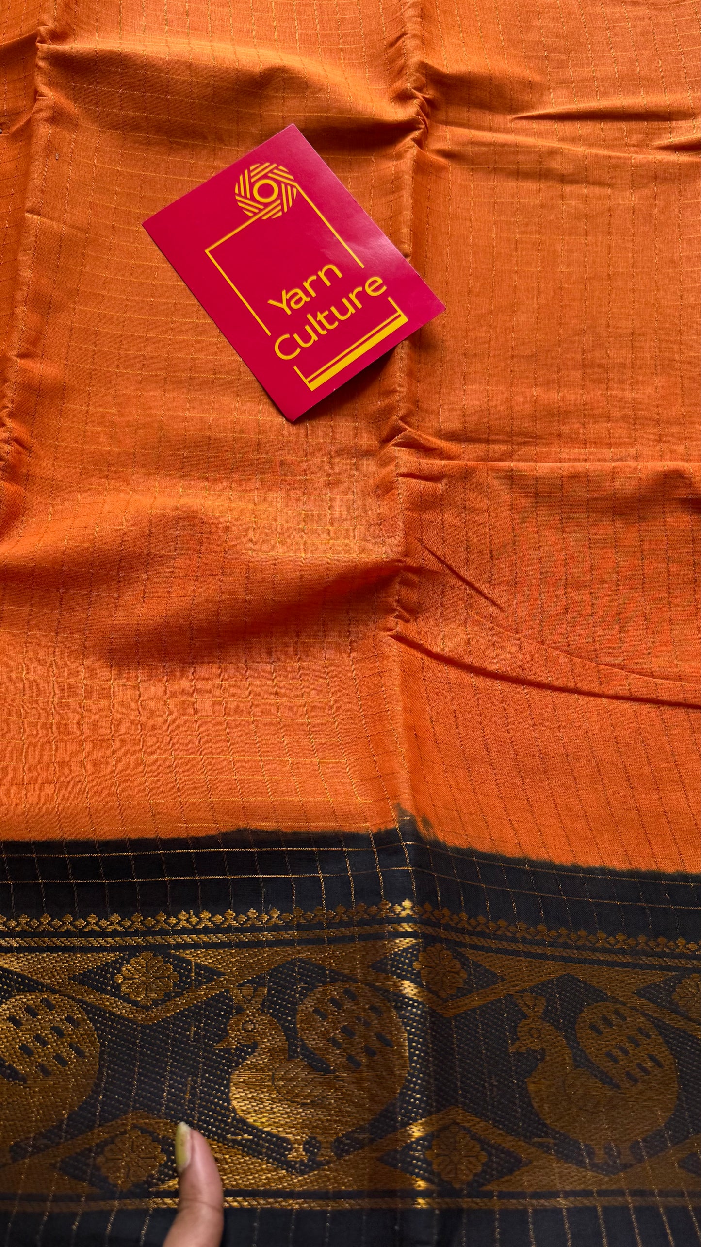 Orange with black contrast zari checkered sungudi, kattuchayam dyed madurai cotton - YCCOTNJUCC15