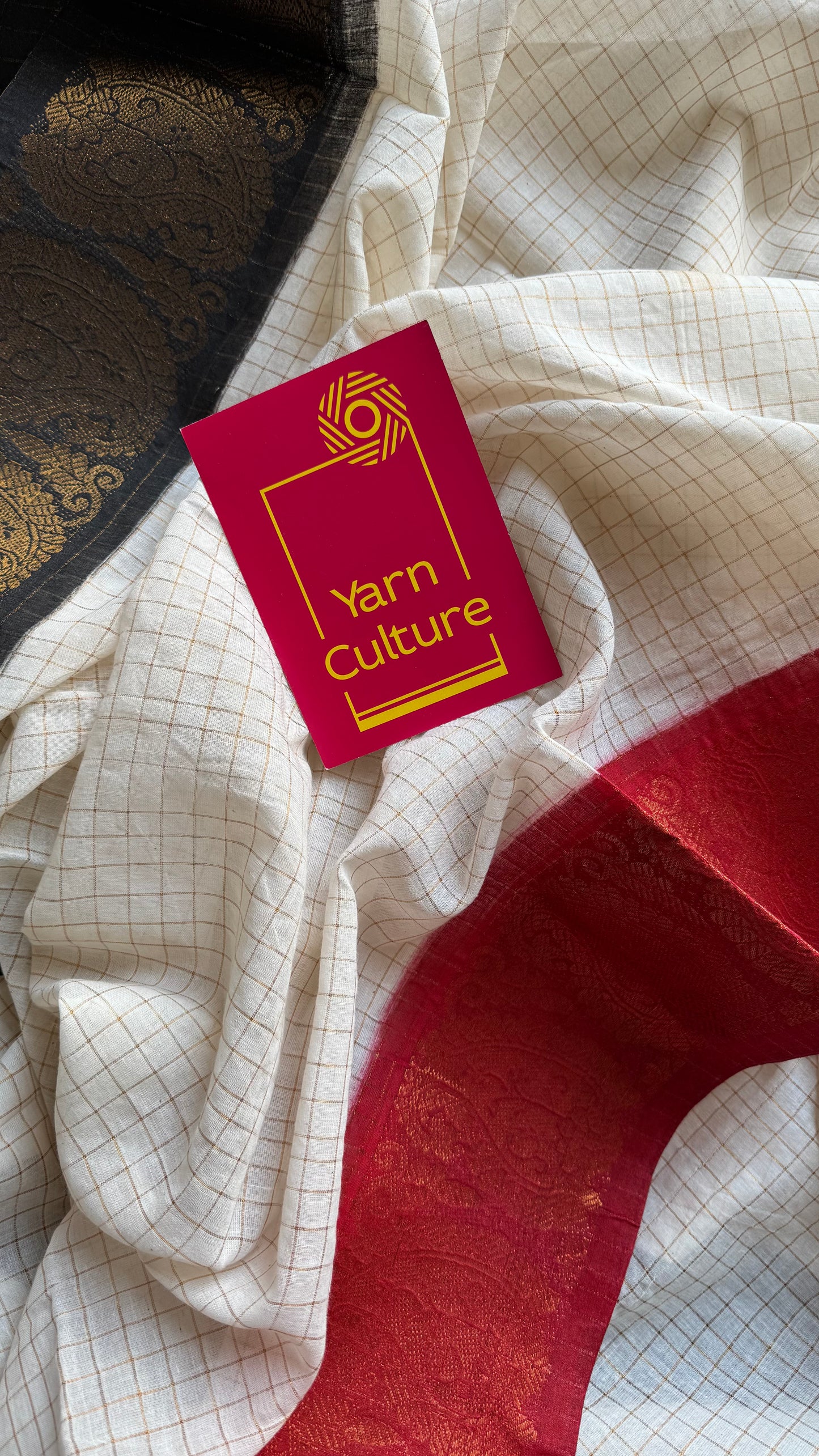 Sungudi cotton checks, ivory gold base, red and black dual tone flower paisley border, soft cotton - YCCOTNGJJA165