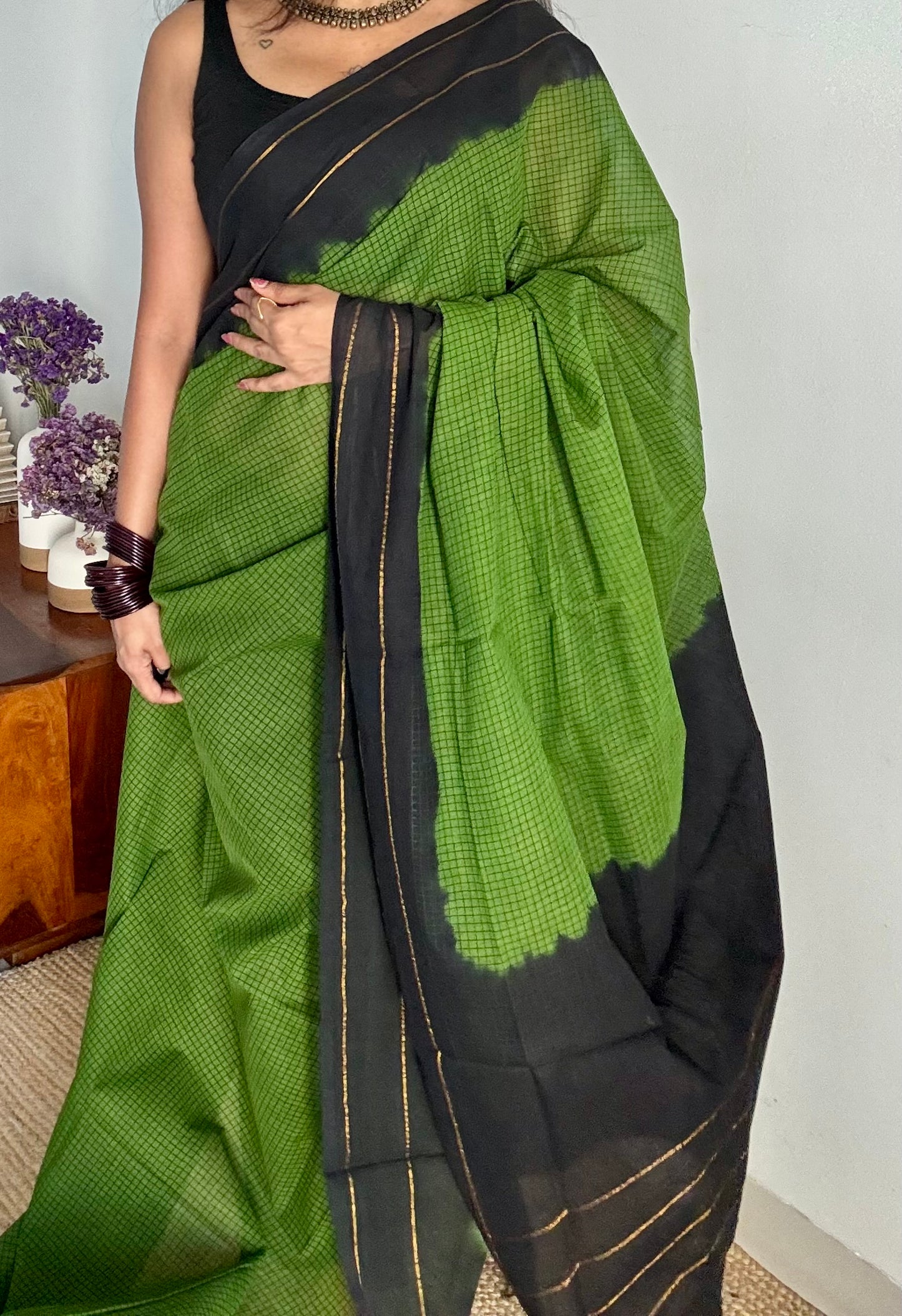 Green with black contrast, checkered kattuchayam dyed madurai cotton saree - YCCOTNMA233