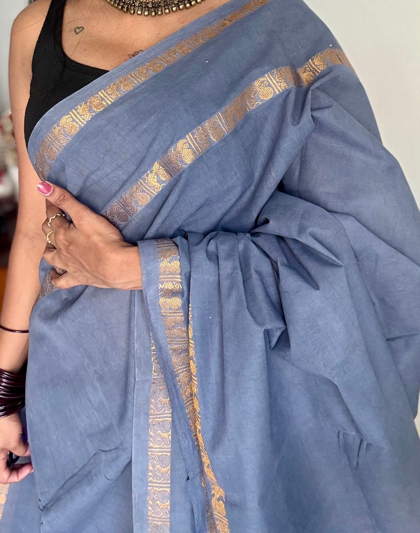 Dark grey rettaipettu peacock gap border, kattuchayam dyed madurai cotton saree  - YCCOTNMSAP95
