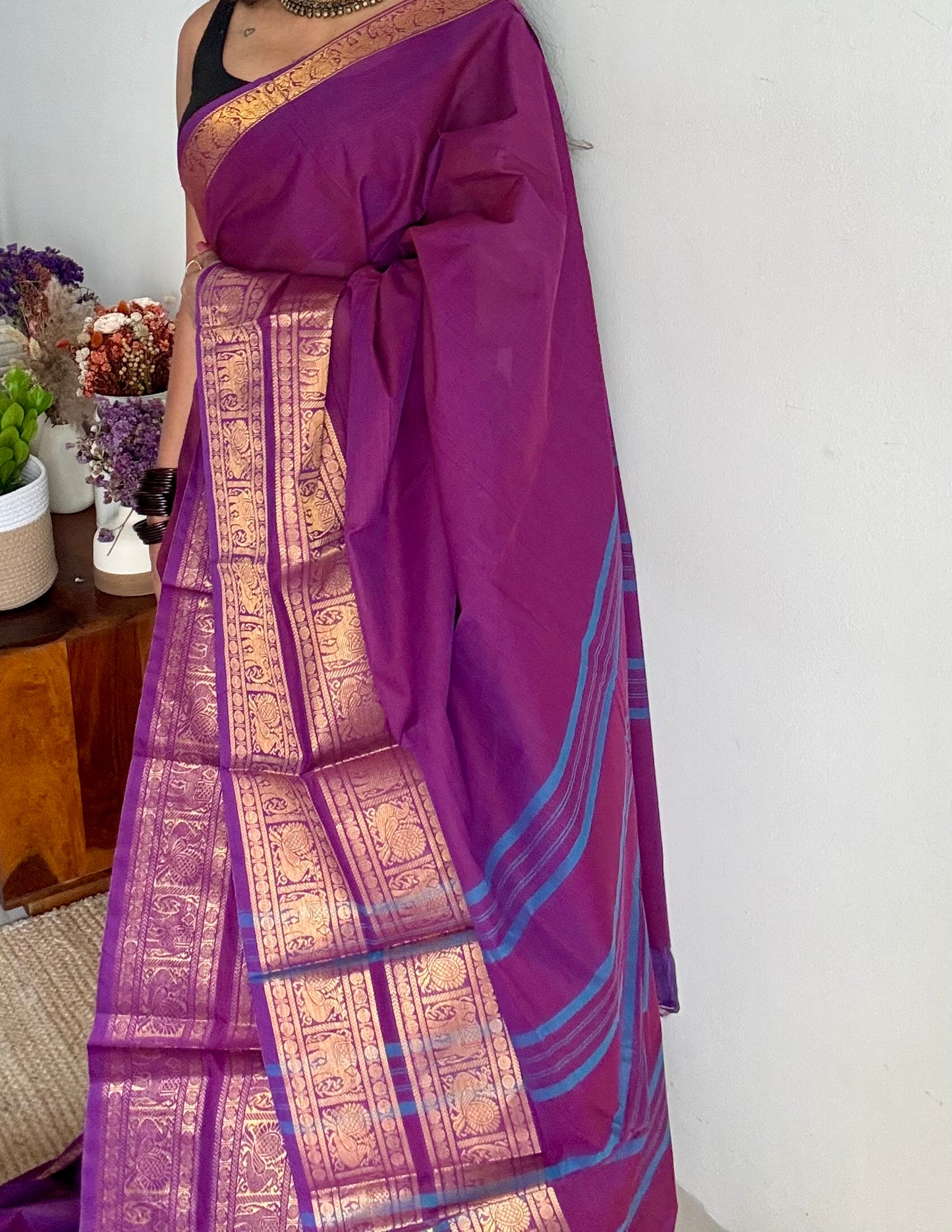 Kanchi cotton saree, purple pink with wide zari border - YCCOTNAP89