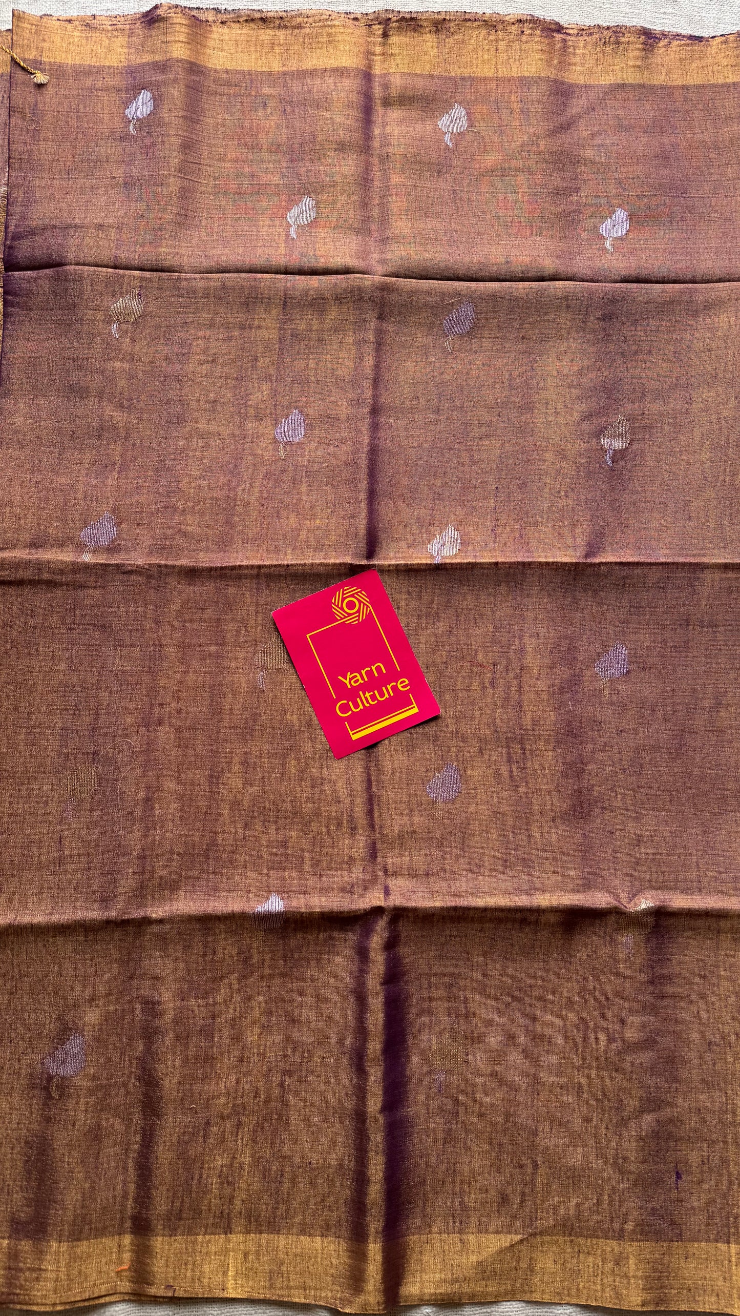 Handwoven purple gold dual tone tissue linen saree with lotus motifs - YCBCLTFE401