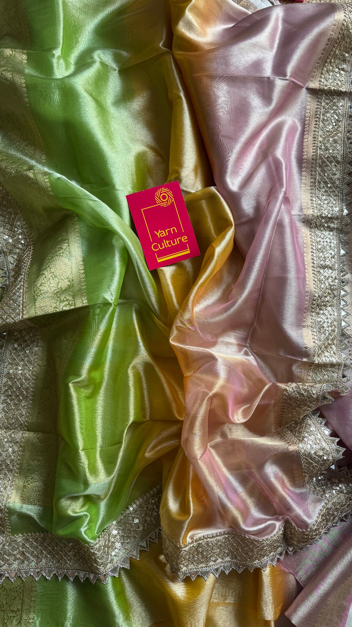 Pastel pink, green and yellow tissue Banarasi saree with embellished mirror border - YCBLTOC73