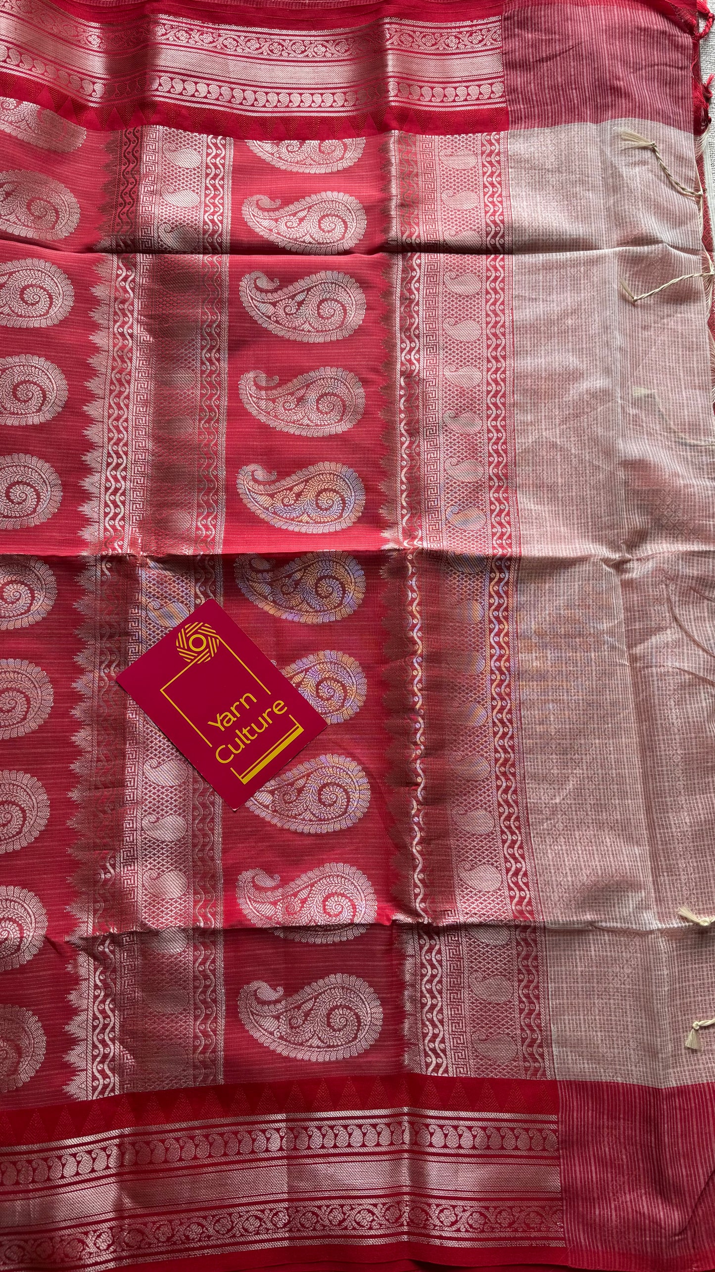 Cream with red contrast borders, kota doria with zari - YCBCDP15
