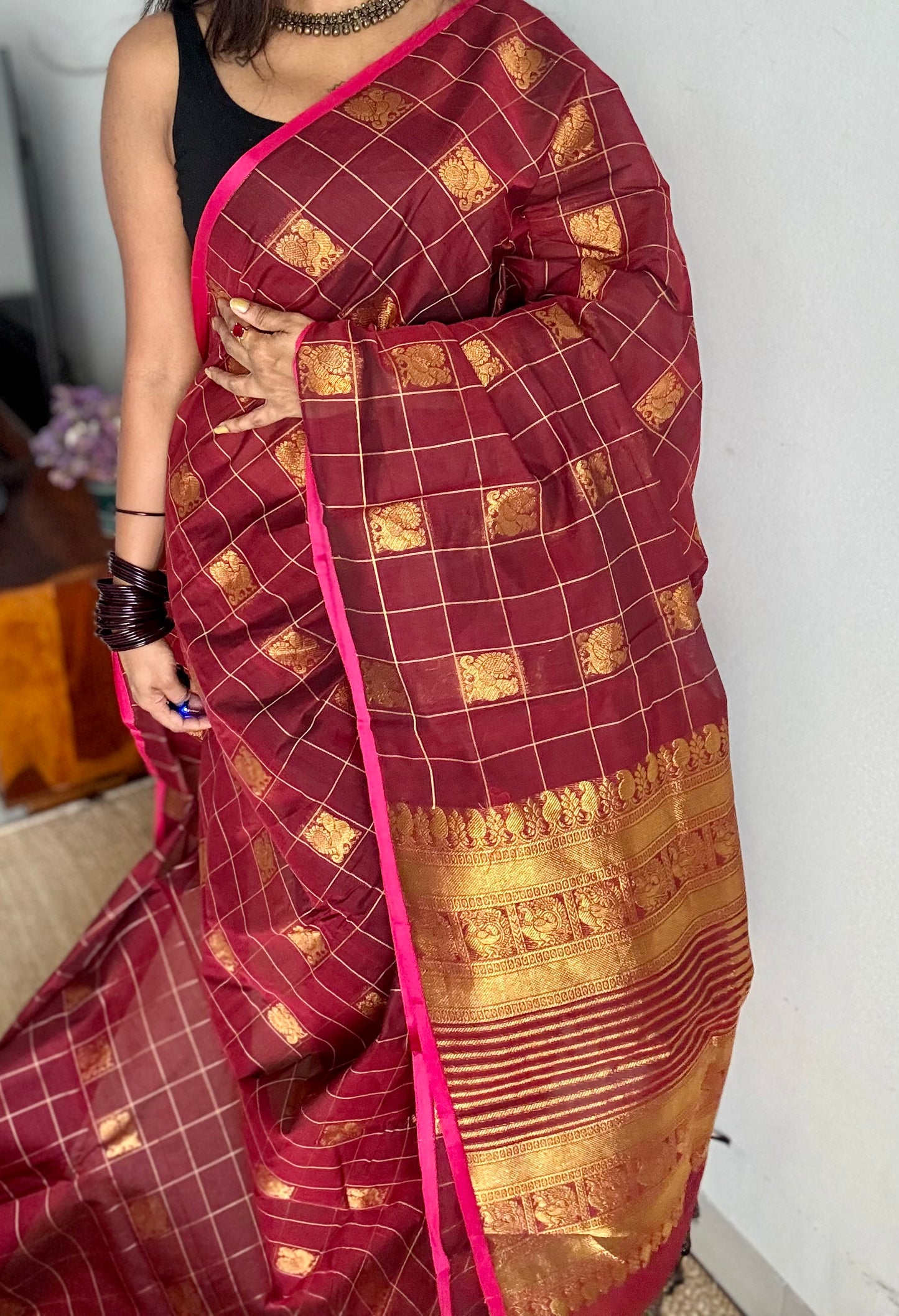 Maroon dual tone checks with peacock motifs, kanchi cotton saree - YCCOTNKCFE337
