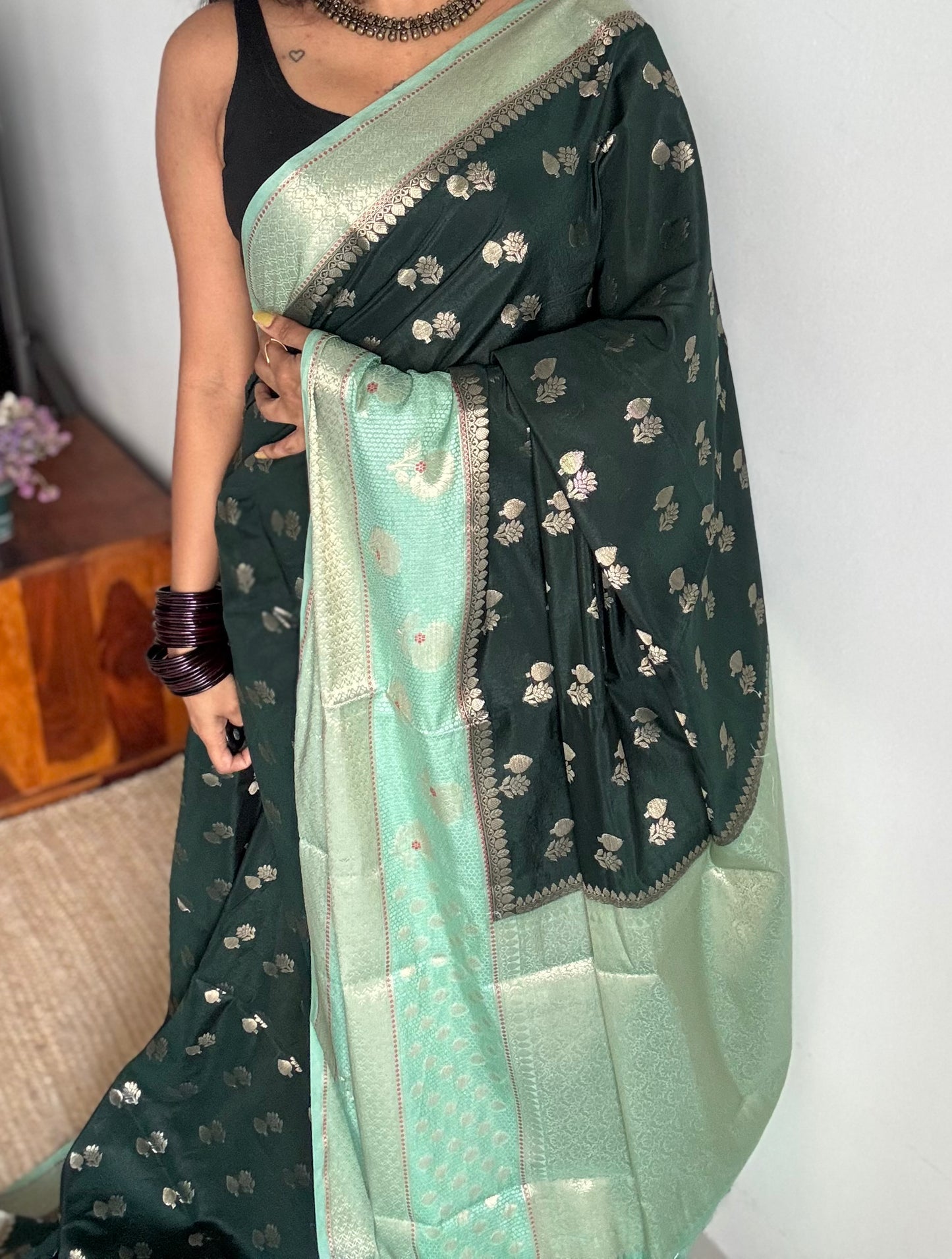 Dark green with pastel green border, semi dupion silk - YCBLSSJA25