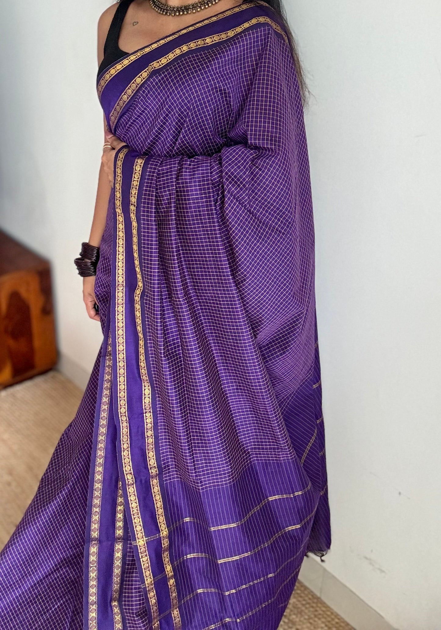 Purple violet, arani checks saree, cotton silk - YCCOTNAUG19