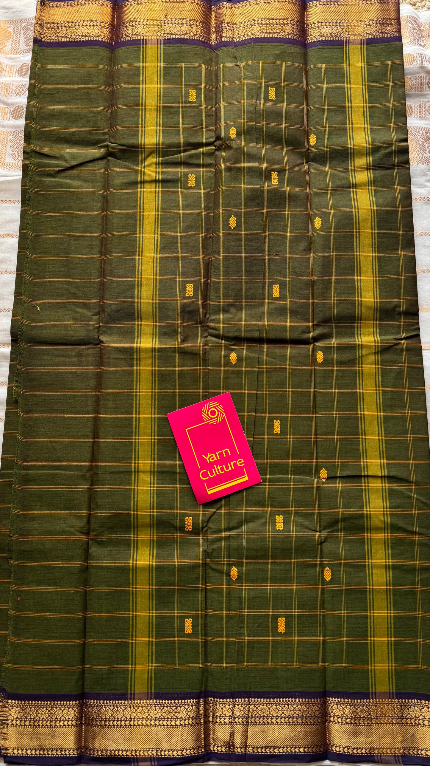 Dark green and purple contrast, checkered Chettinad cotton saree - YCCOTNMA265
