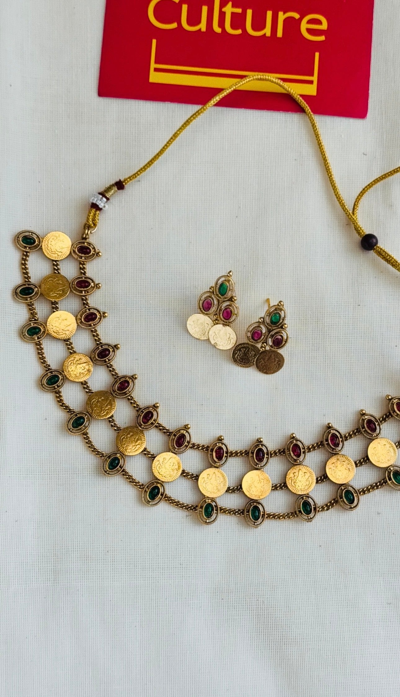 Three layered coin necklace, ruby and green stones, with earrings - YCGPNP770