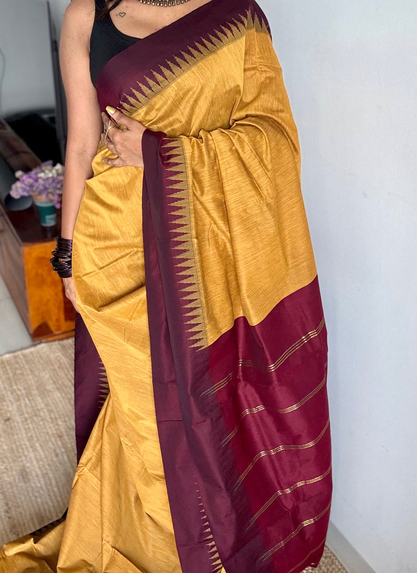 Yellow with maroon temple border, cotton silk - YCCOTNCSDE96
