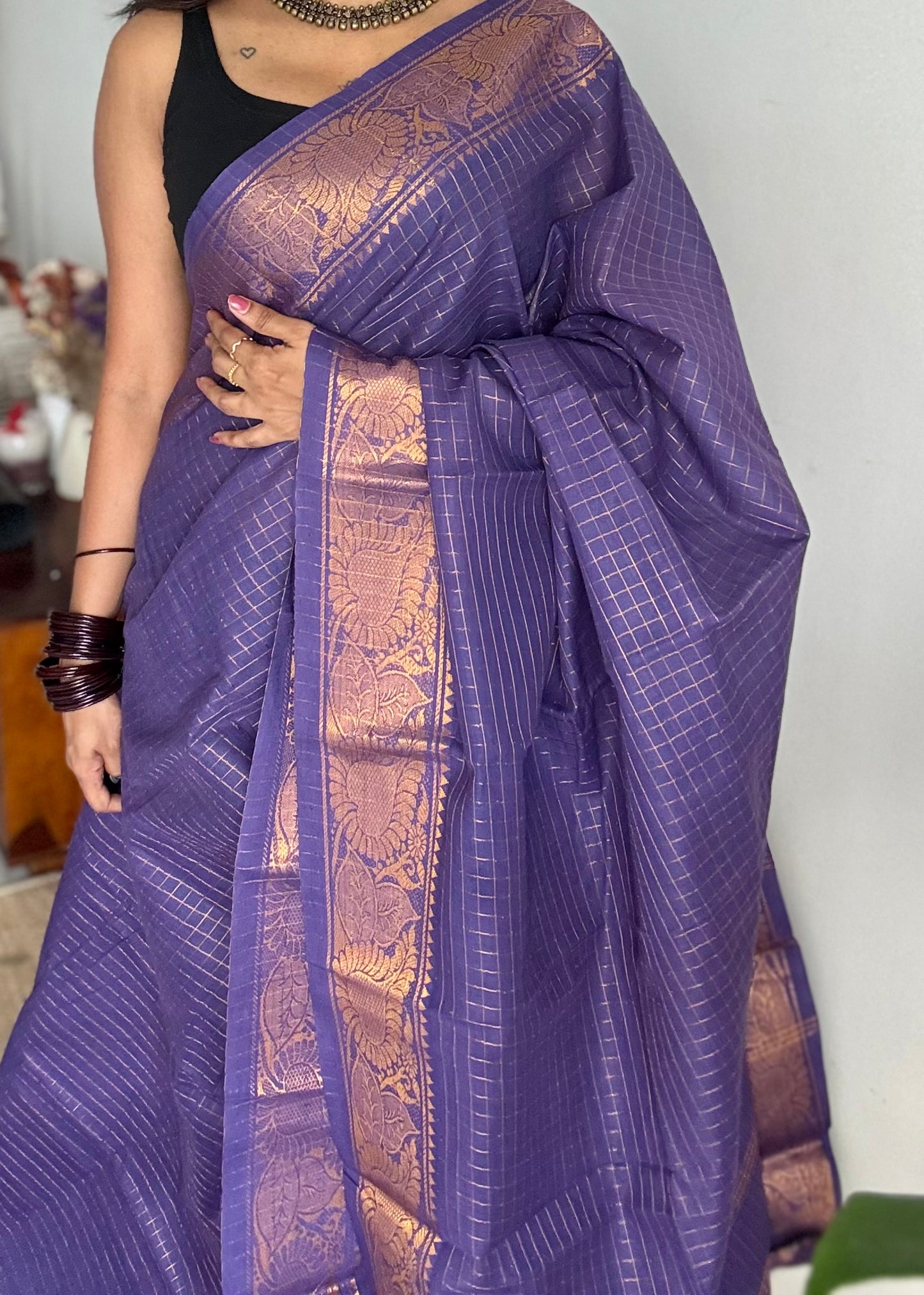 Purple zari checkered sungudi, kattuchayam dyed madurai cotton - YCCOTNMSAP118