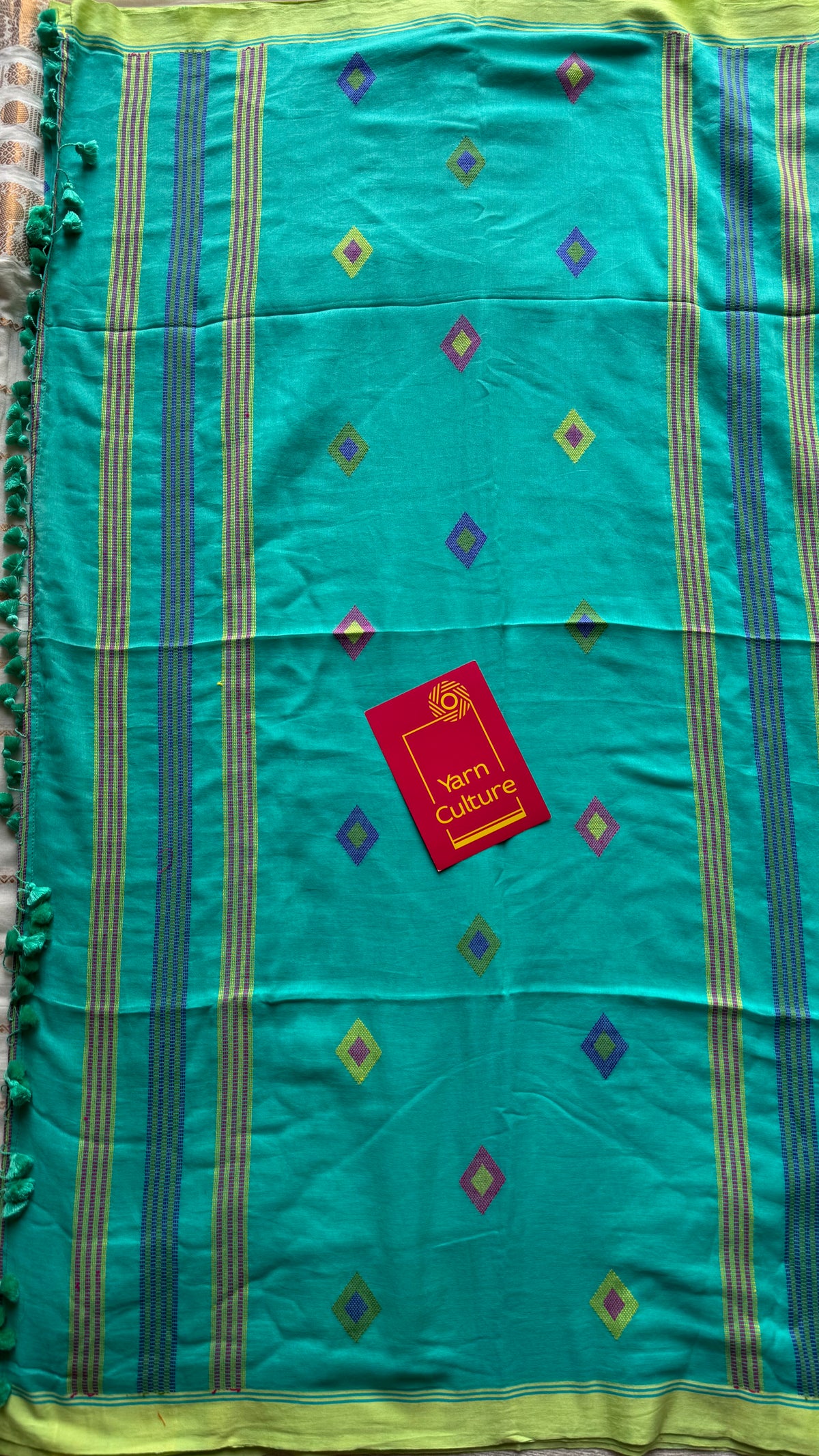 Handloom Bengal soft cotton saree, turquoise with woven buttas and lime green borders - YCBCMCSE38