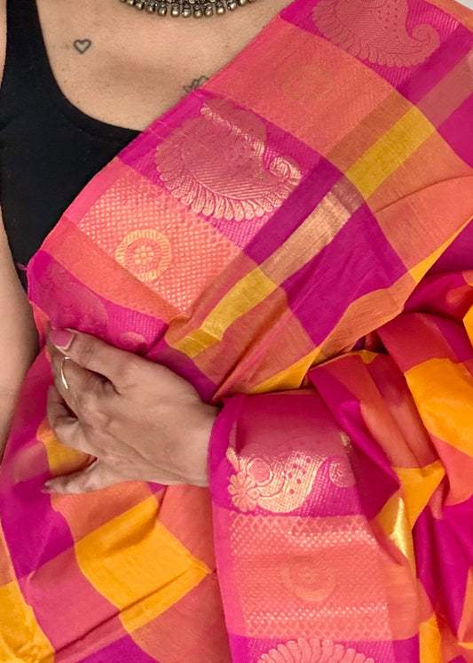 Chettinad cotton saree with yellow and pink checks, paisley motif border - YCCOTNAP66