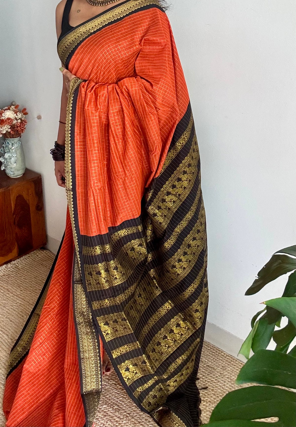 Orange with black, zari checkered saree, cotton silk - YCCOTNKCOC101