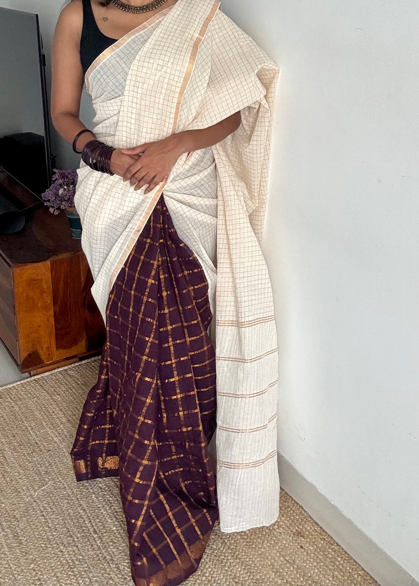 Ivory with brown, sungudi cotton half-half saree - YCCOTNMSFE371