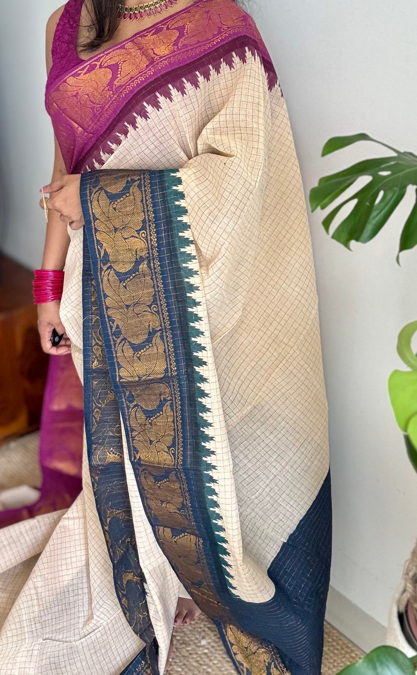 Sungudi cotton checks, ivory gold base, teal and magenta dual tone border, soft cotton - YCIEON101