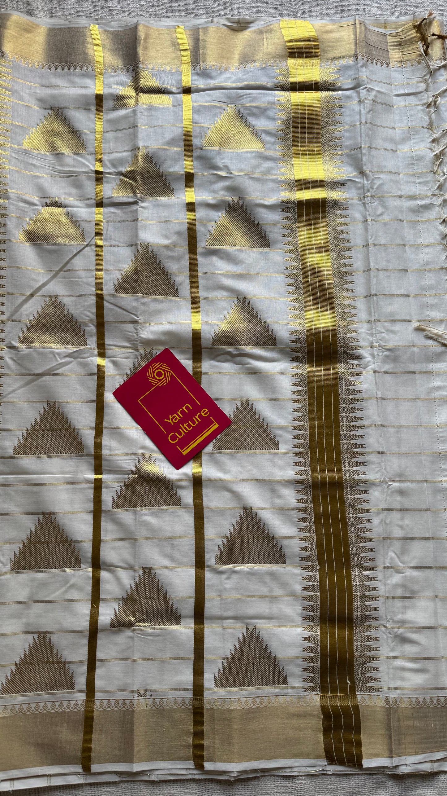 Ivory Kerala cotton saree with checks and gold jacquard motifs - YCIEKCFE319