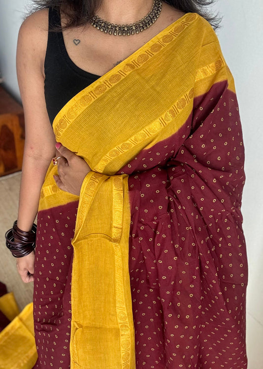 Maroon with yellow, sungudi motif and rudraksham border, madurai soft cotton - YCCOTNAUSC04