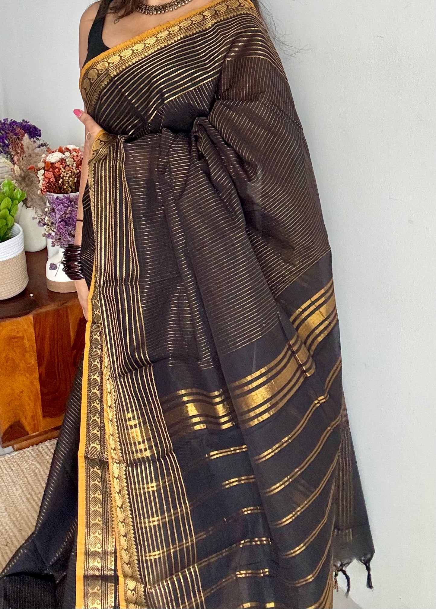 Kanchi cotton saree, black with gold stripes, paisley border - YCCOTNAP92