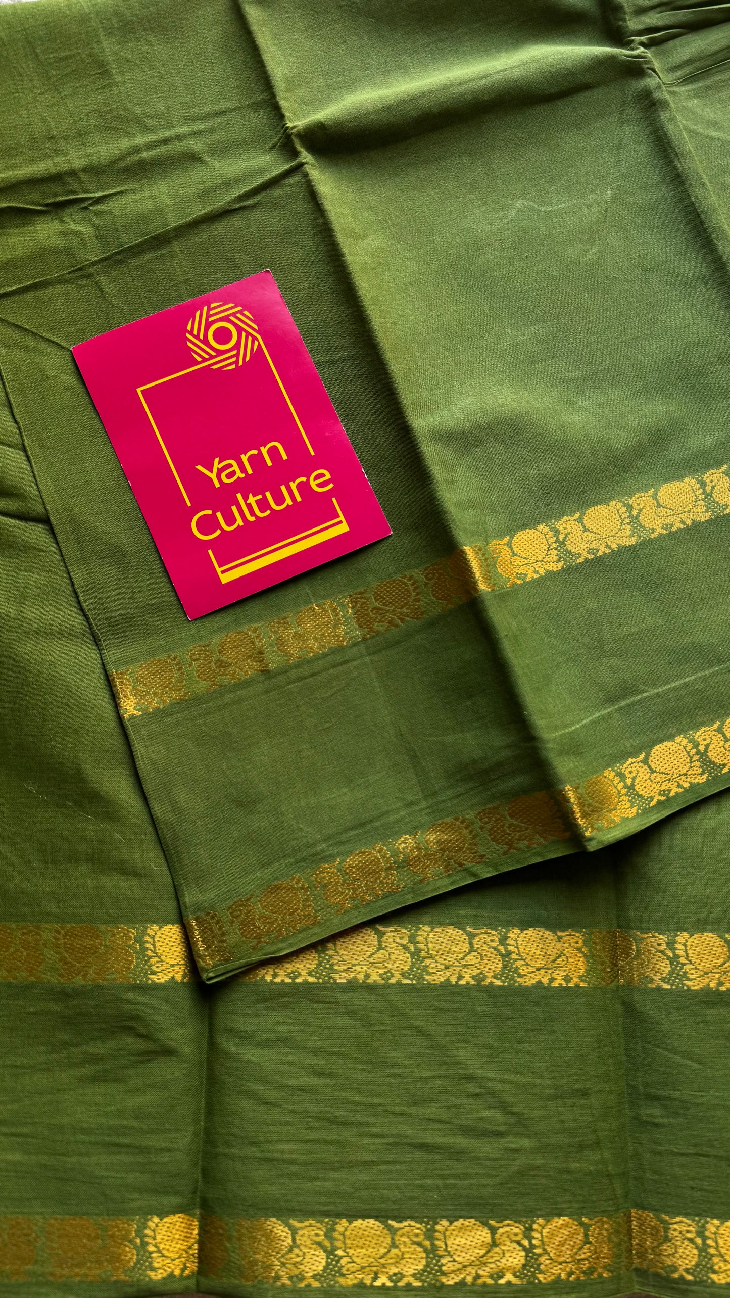Olive green rettaipettu peacock double bordered, kattuchayam dyed madurai cotton saree - YCCOTNMSFE271