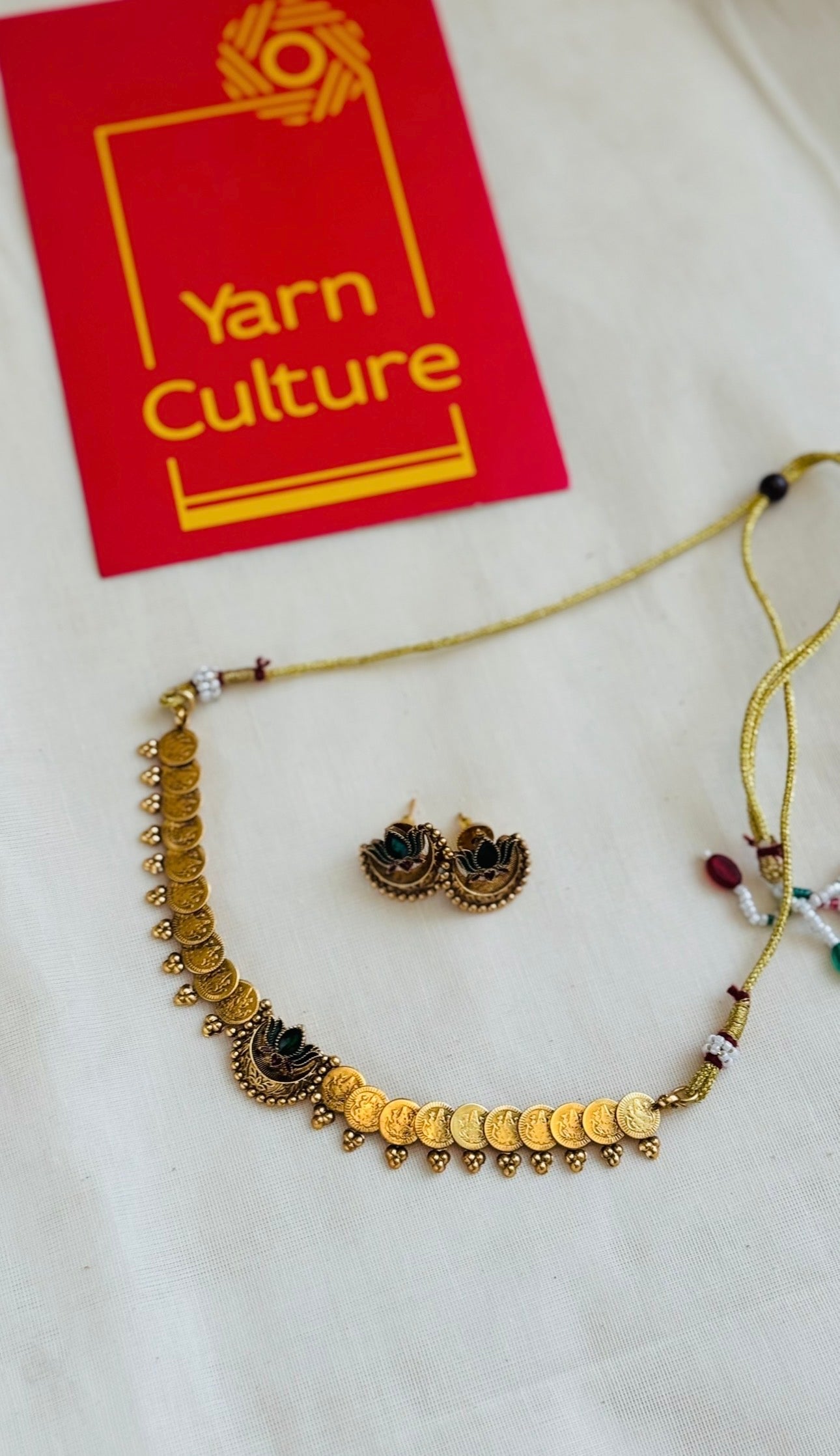 Coin necklace with green lotus pendant, with earrings - YCGPNP778