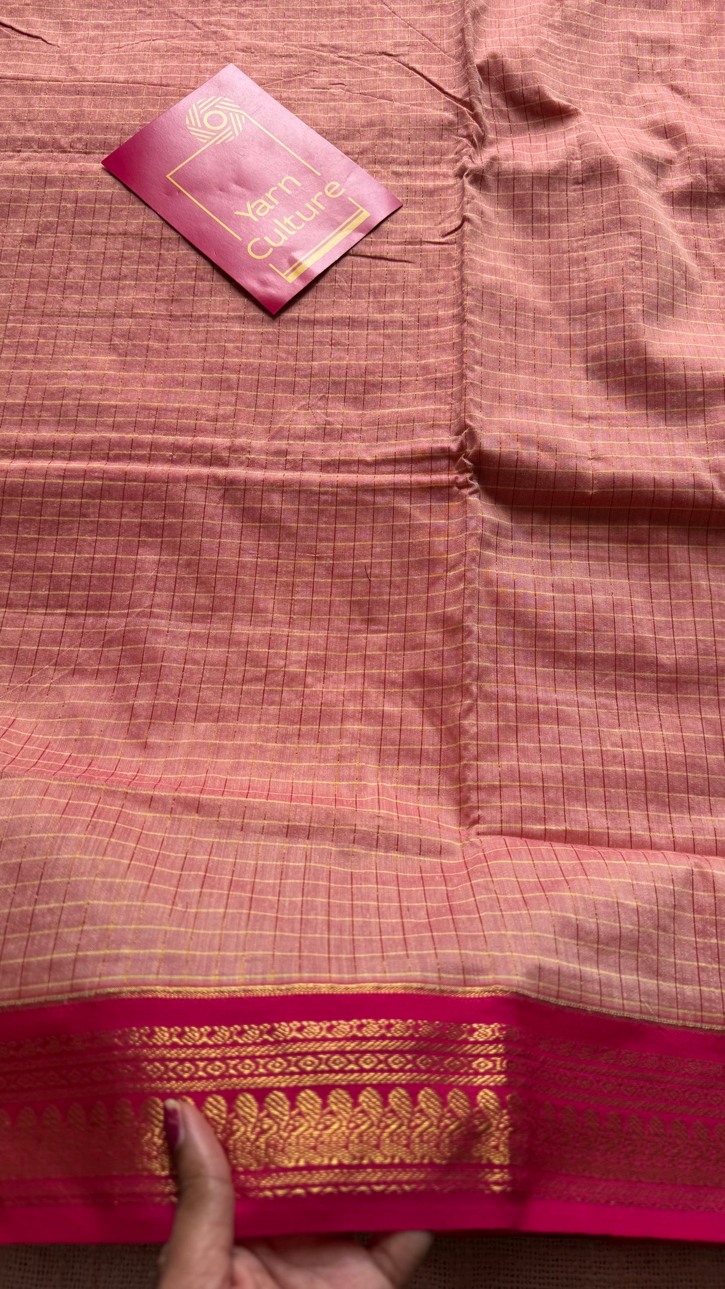 Salmon pink with hot pink, checks - cotton silk - YCCOTNOCKC40