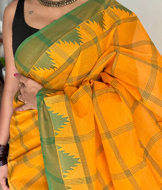 Chettinad cotton saree with mango yellow and green checks, temple motif border - YCCOTNAP68