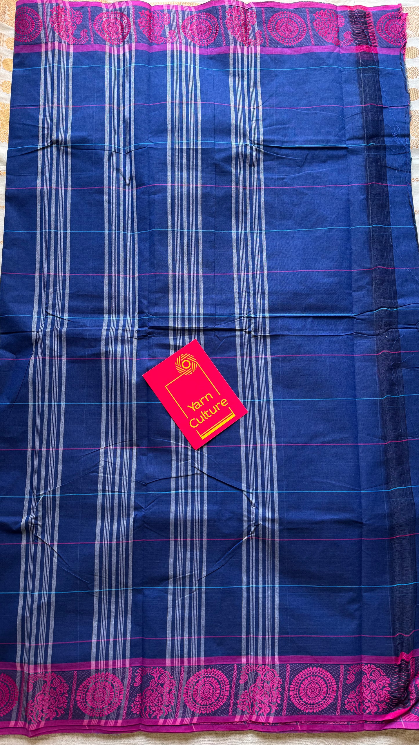 Chettinad cotton saree in dark blue with pink checks, thread motif border - YCCOTNJUCC06