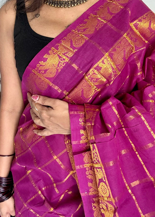 Purple pink (vadamalli) pavithra kattam with motif double border, kattuchayam dyed madurai cotton saree - YCCOTNMSAP179