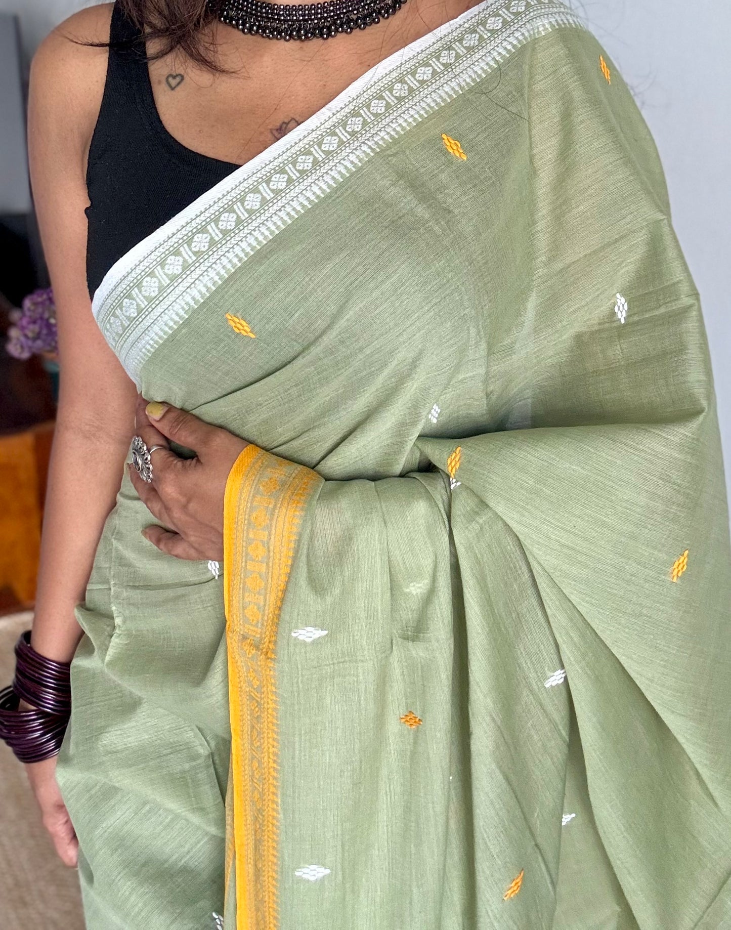 Dhonekhali handloom soft cotton saree, sage green with yellow and white woven buttas and border - YCBCDFE260