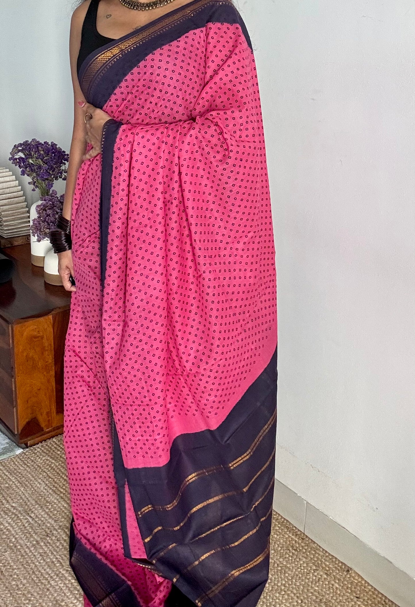 Rosy pink with navy blue contrast, kattuchayam dyed madurai cotton saree - YCCOTNMA248