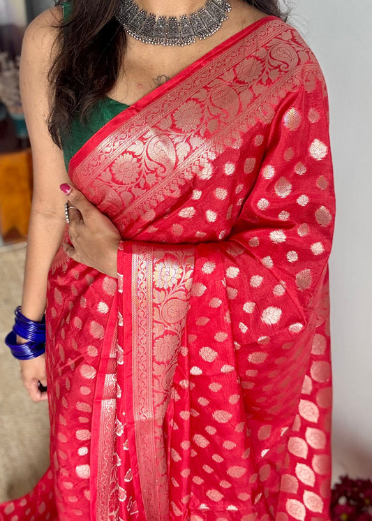 Chilli red, silver buttas and zari, Banarasi semi-silk - YCDESE37