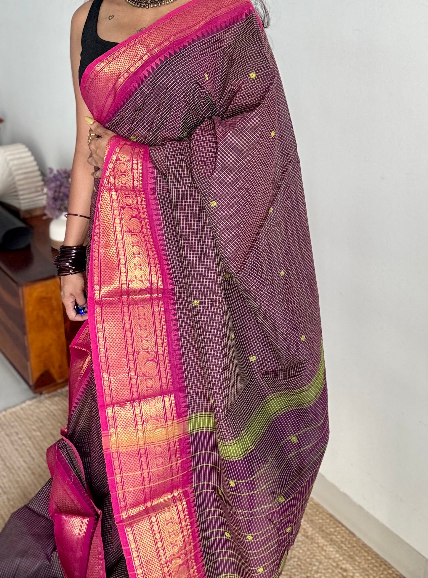 Dark purple with pink contrast, checkered kanchi cotton saree - YCCOTNJU19
