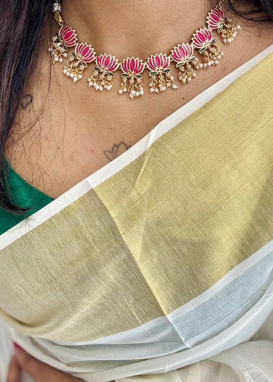 Pink lotus pendants with pearl drops, neckpiece - YCAGC150
