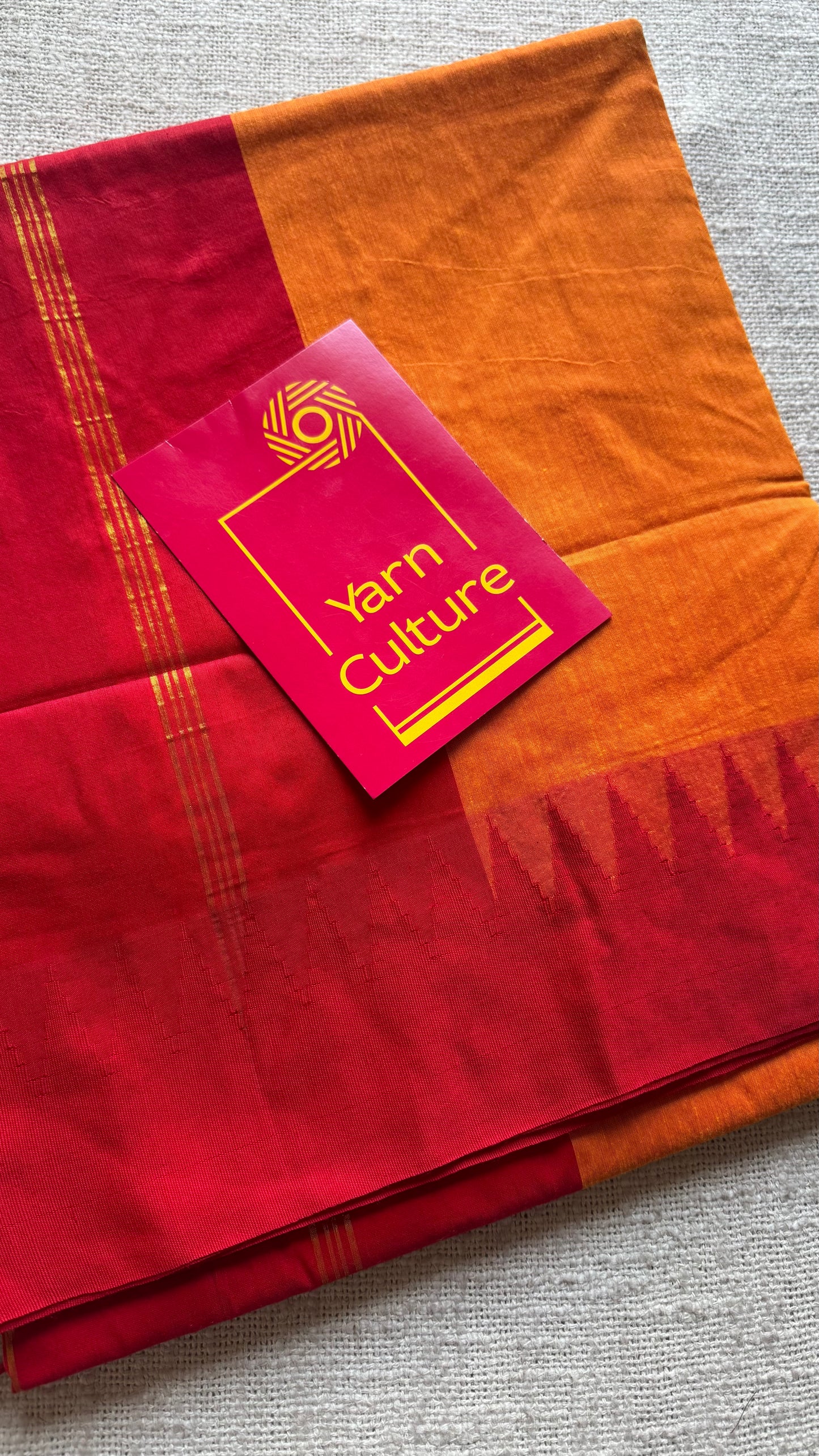 Light orange with red contrast, temple border saree, cotton silk - YCCOTNTBFE55
