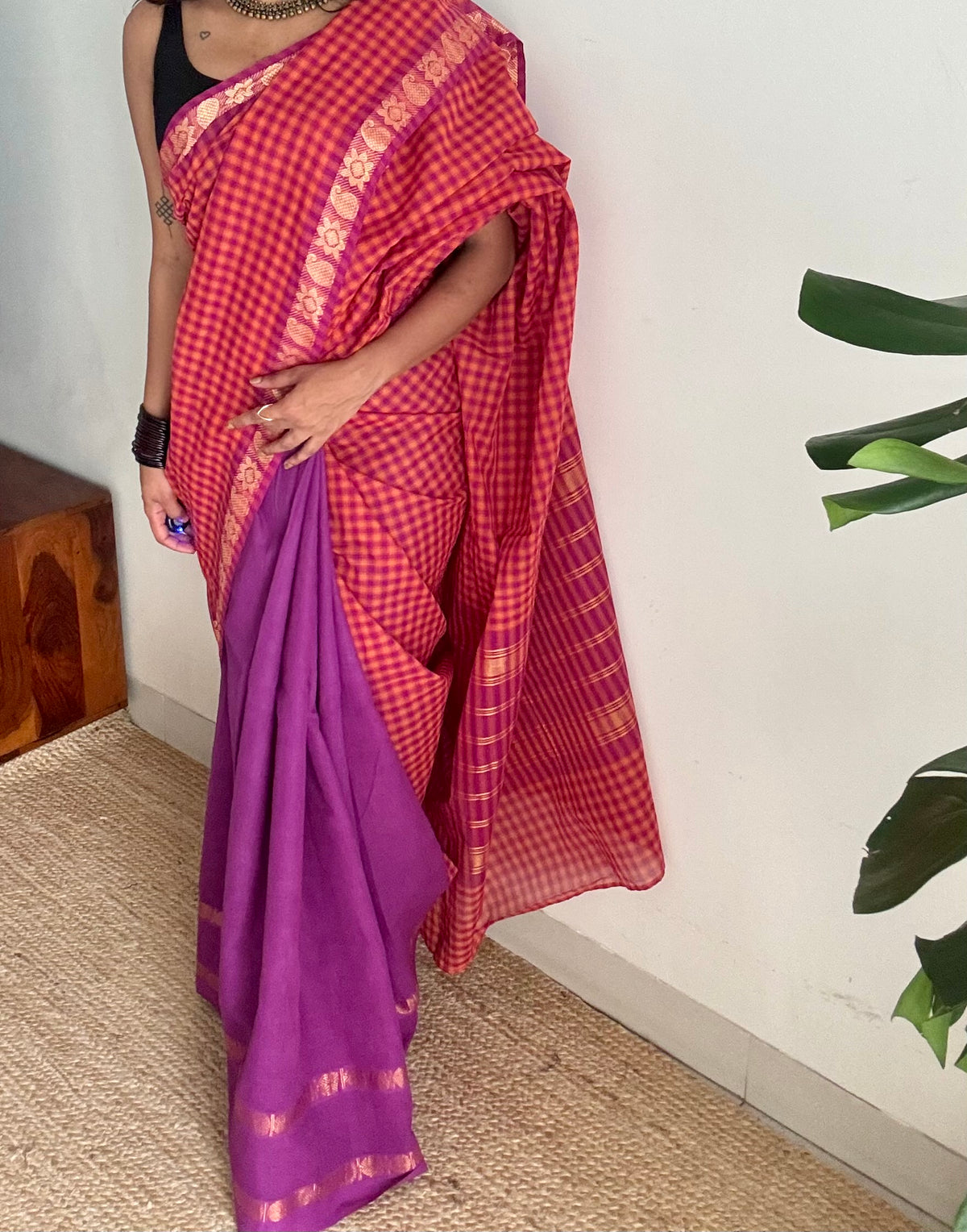 Orange and magenta with purple, sungudi and chettinad cotton half-half saree - YCCOTNIDOC38