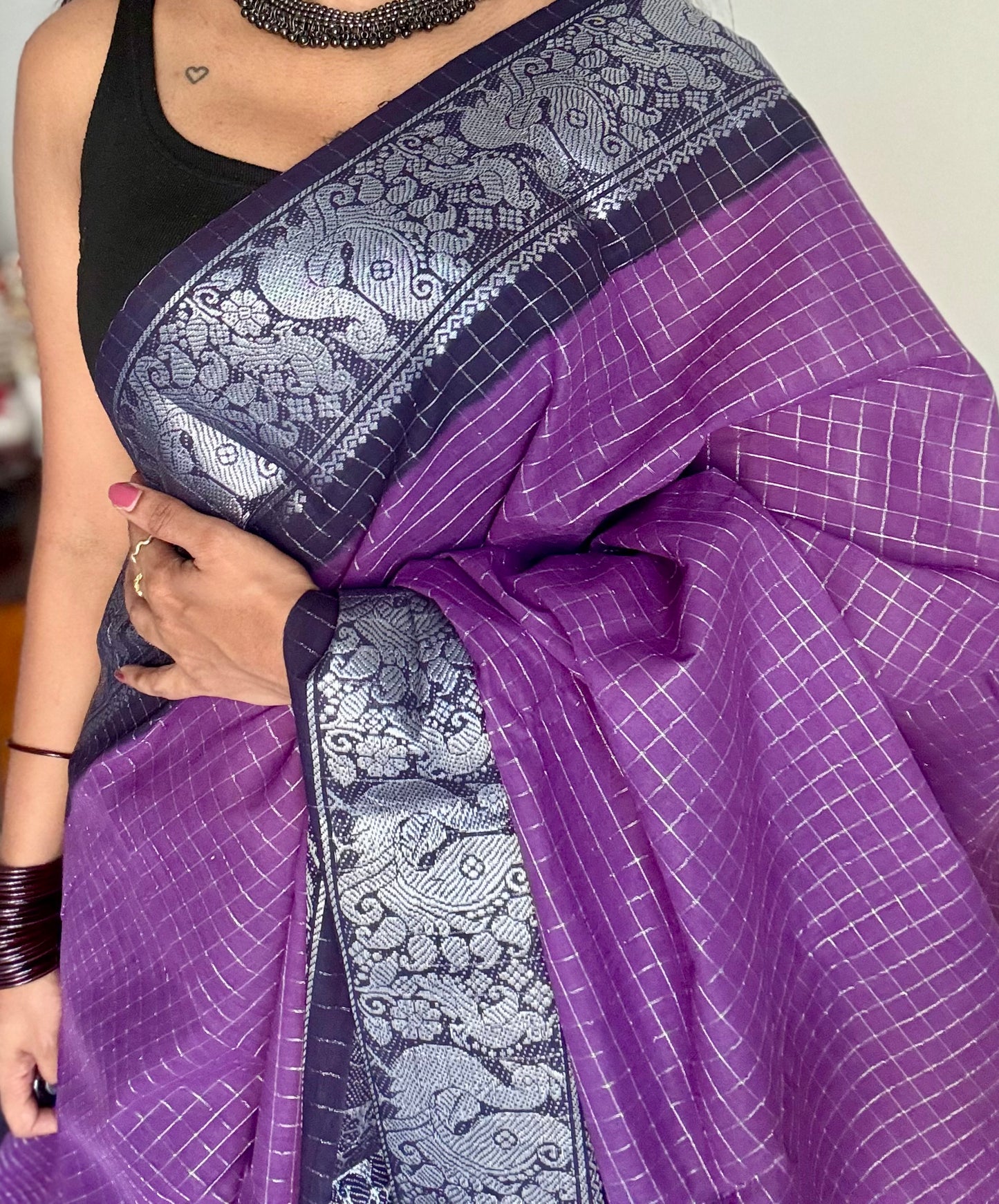 Purple with dark blue, silver zari checkered sungudi, kattuchayam dyed madurai cotton - YCCOTNMSAP105