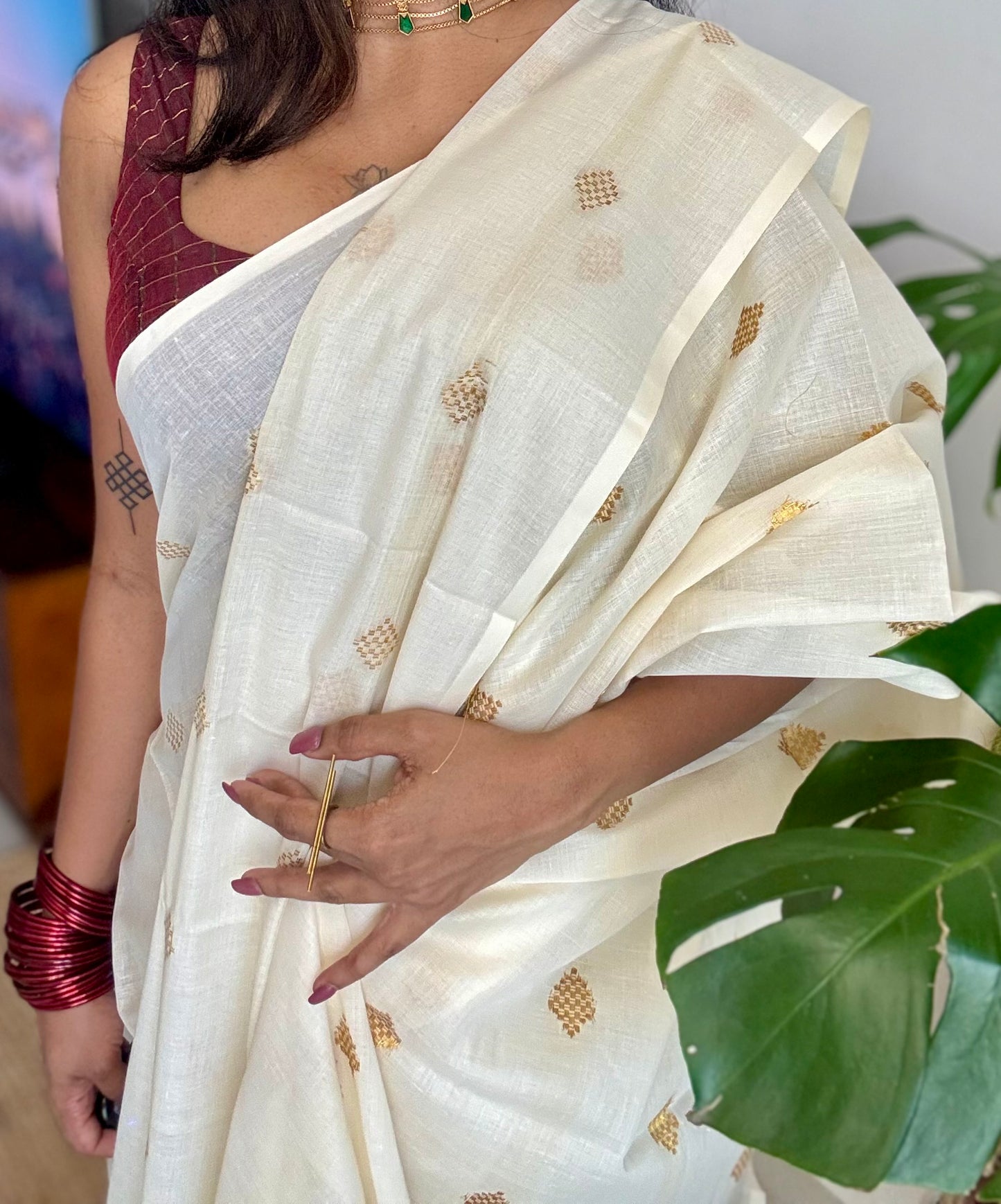 Ivory and gold kerala saree with woven buttas - YCIEON42