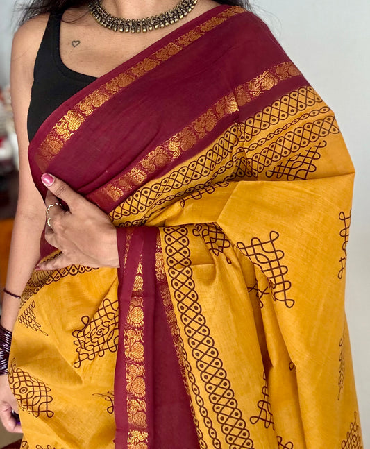 Turmeric yellow with maroon, kolam print, rettaipettu peacock double border, madurai soft cotton - YCCOTNMSAP202