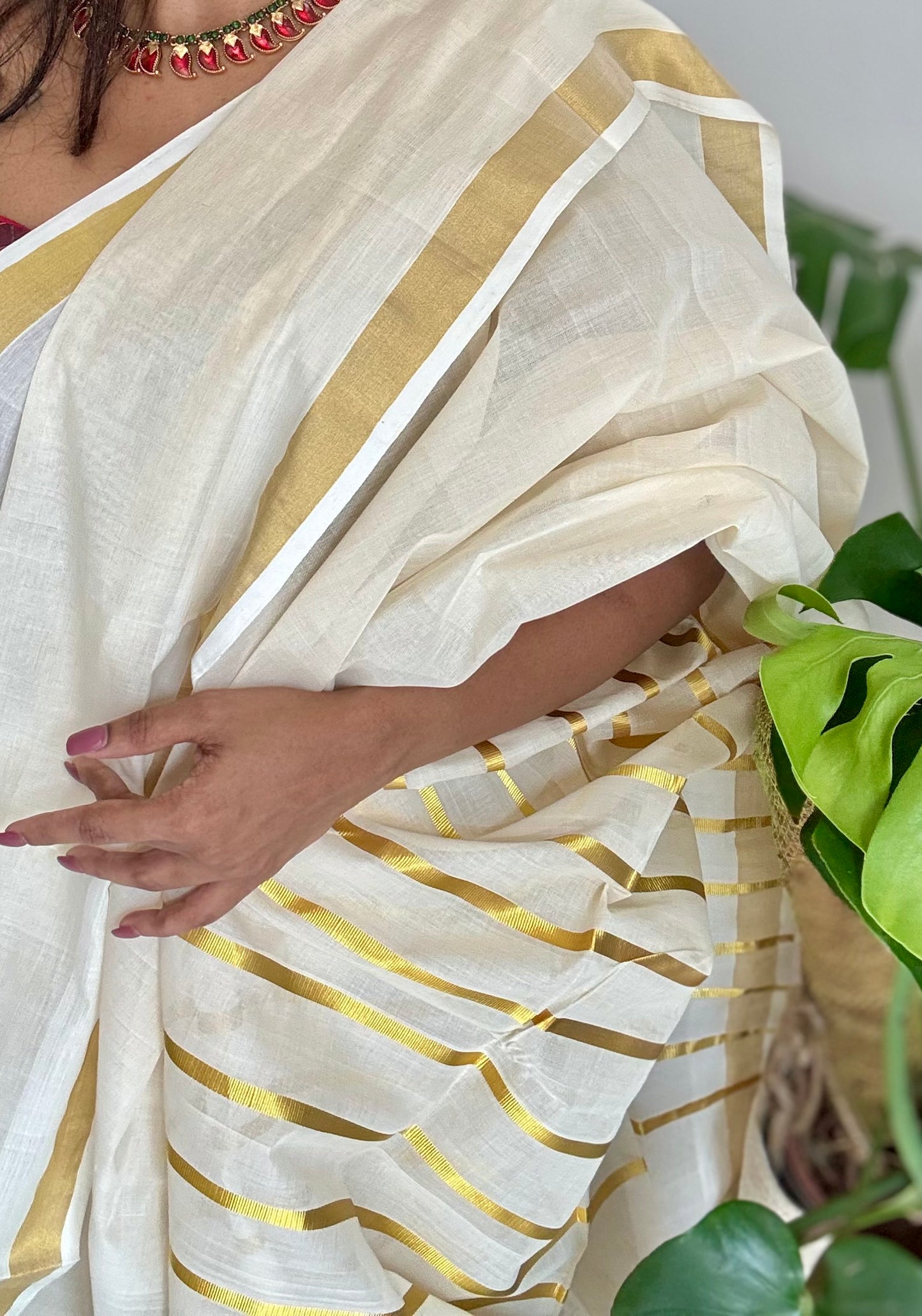 Handloom, woven in Chendamangalam Looms, ivory with gold striped pallu - YCIEON147